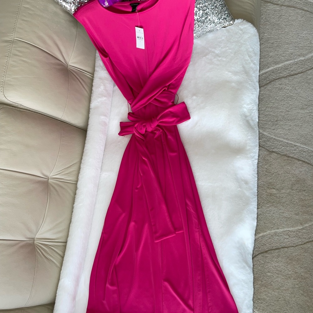 โค๏ธโค๏ธโค๏ธNWT ANN TAYLOR CAP SLEEVE TIE WAIST MIDI DRESS PINK FLARE Sz 0 Reg.โค๏ธโค๏ธโค๏ธ - Picture 4 of 6